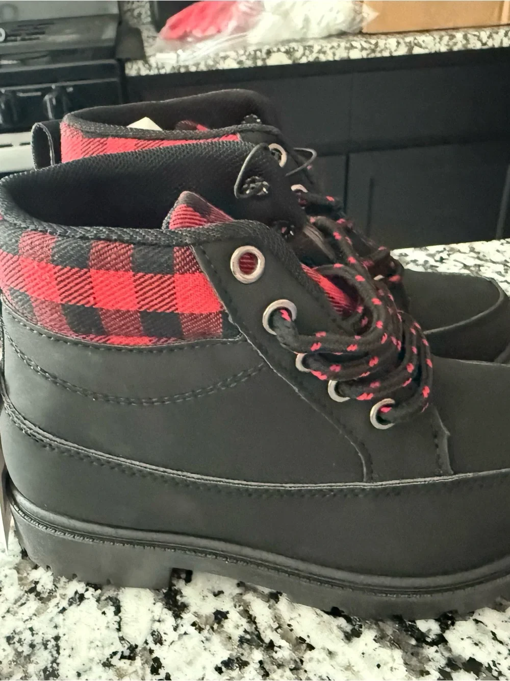 Kids Black Boots with Red Plaid Accent - Lace-Up Outdoor Style